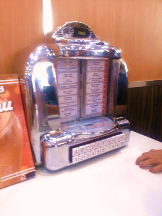 A dummy juke box ate very booth. There was a real one also!